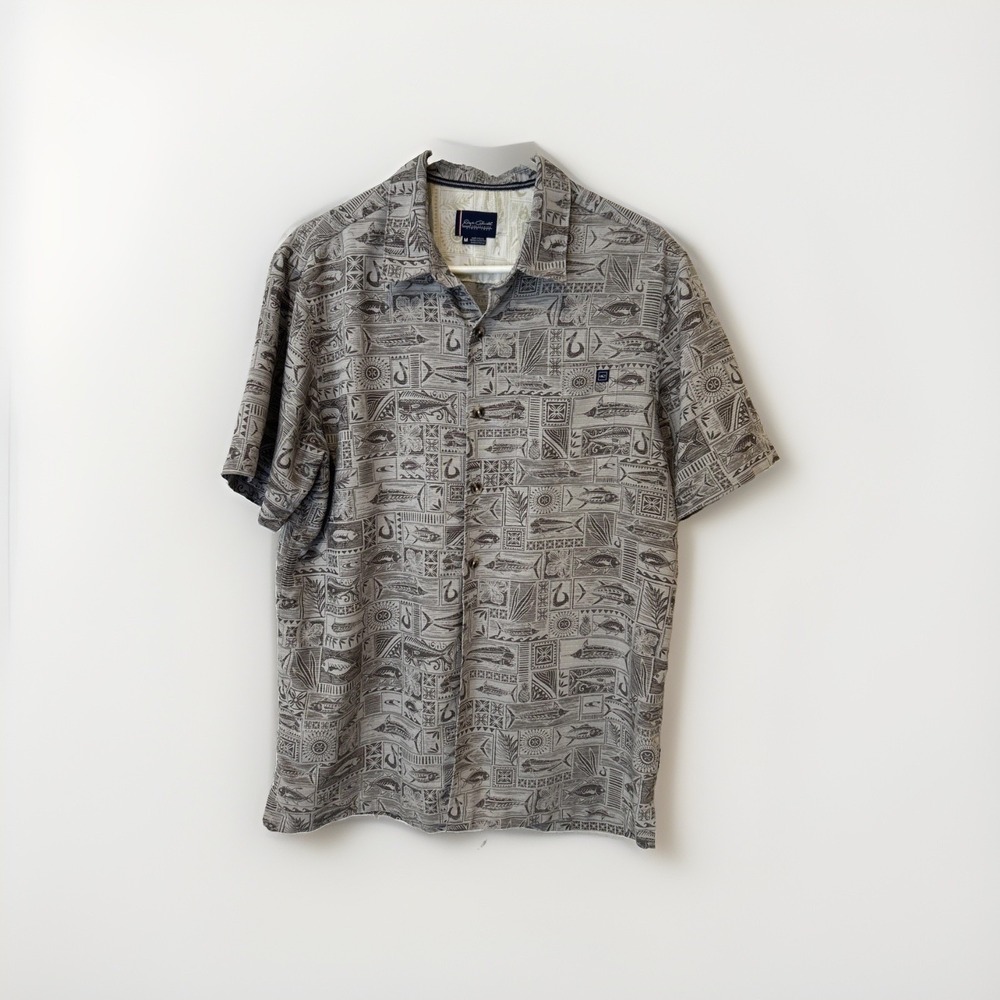 Jack O'Neill Button Up Shirt Mens M Gray Fish Hook Hawaiian Short Sleeve